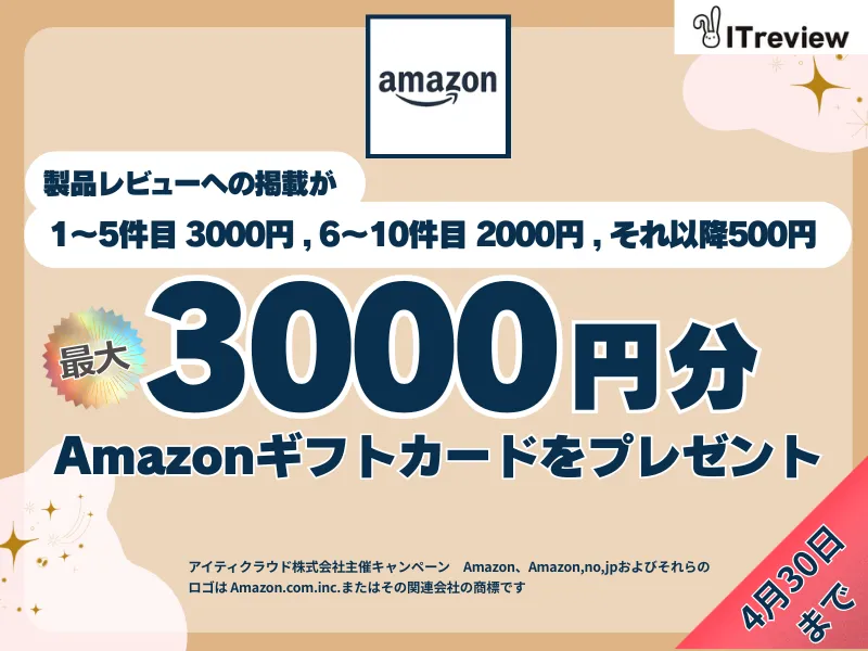 全製品対象 レビューでAmazonギフトカード最大3000円分進呈