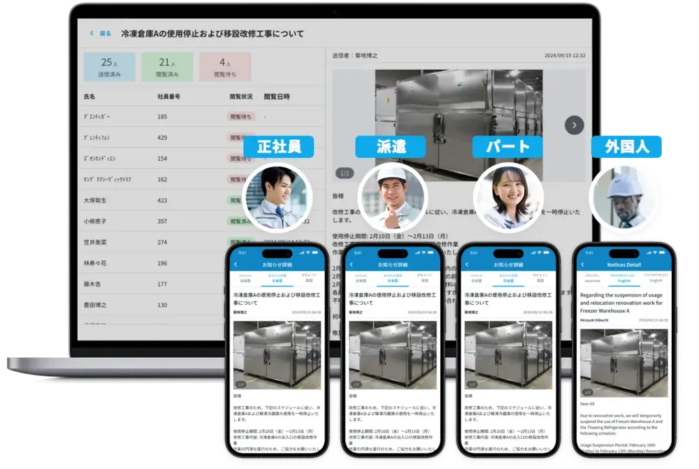 AI翻訳・文章補正機能付き 一斉連絡で簡単に伝わる