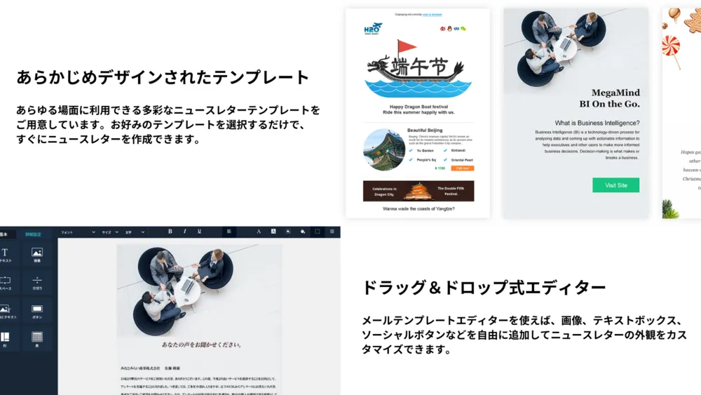 豊富なテンプレート、ドラッグ＆ドロップでかんたんに操作可能な編集画面