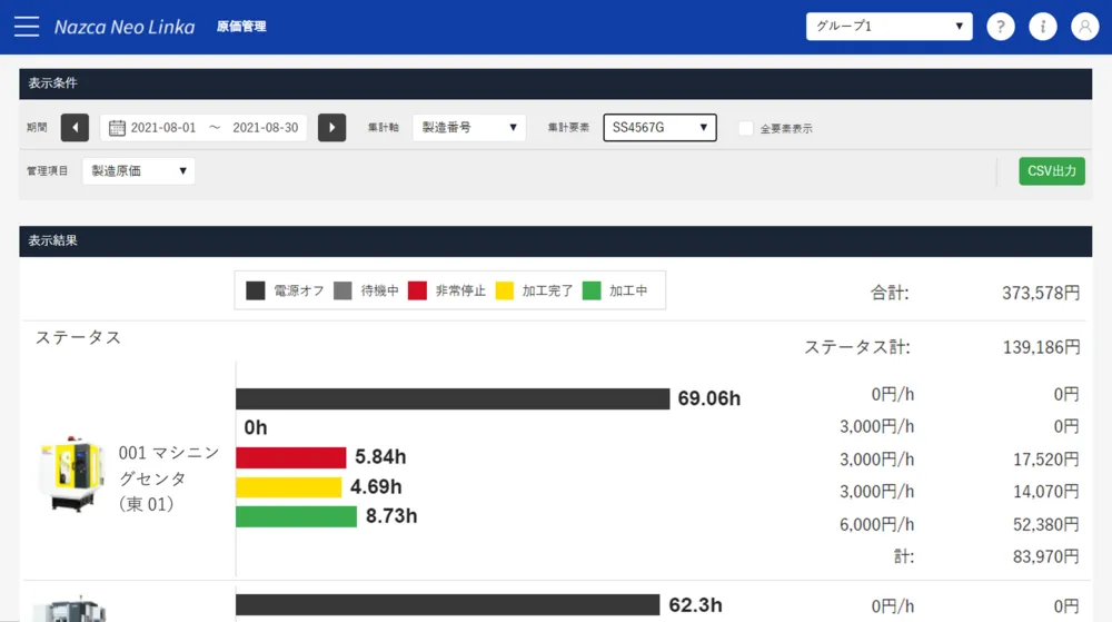 原価管理画面（製造原価算出）