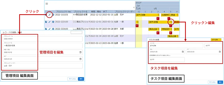 管理項目およびタスクの内容を直接または、ポップアップ画面から編集可能