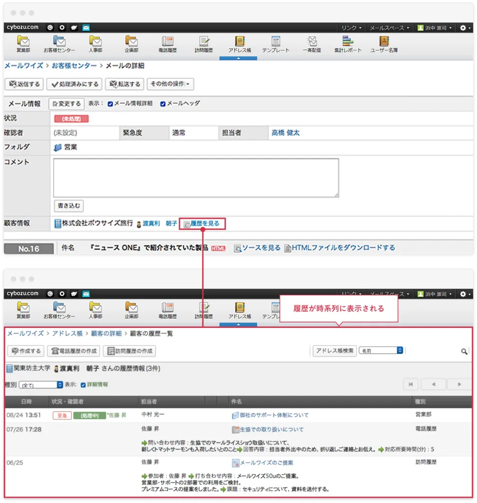メール・電話・訪問の履歴を時系列に一覧できます