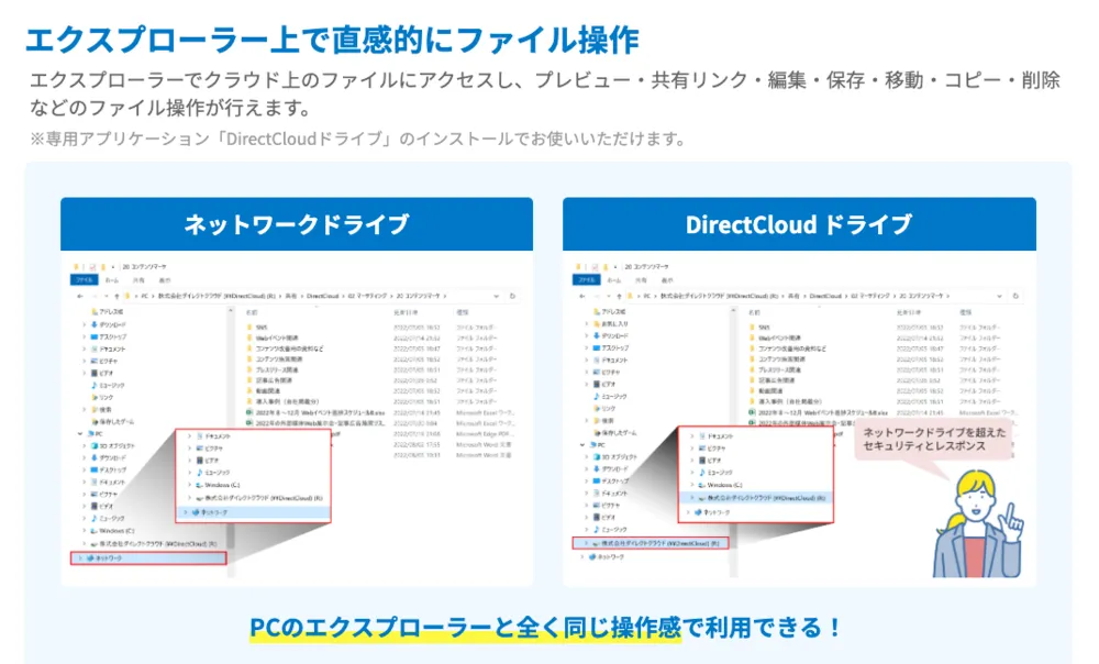 エクスプローラーと同じ操作感で使える「DirectCloudドライブ」