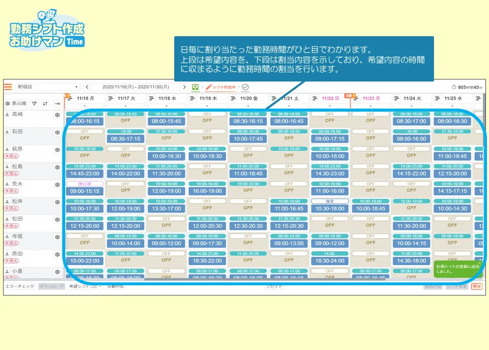 勤務シフト作成お助けマンTime・シフト表画面