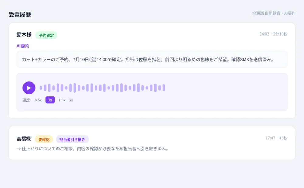 全通話を録音・AI要約。要確認の電話だけ見ればいい