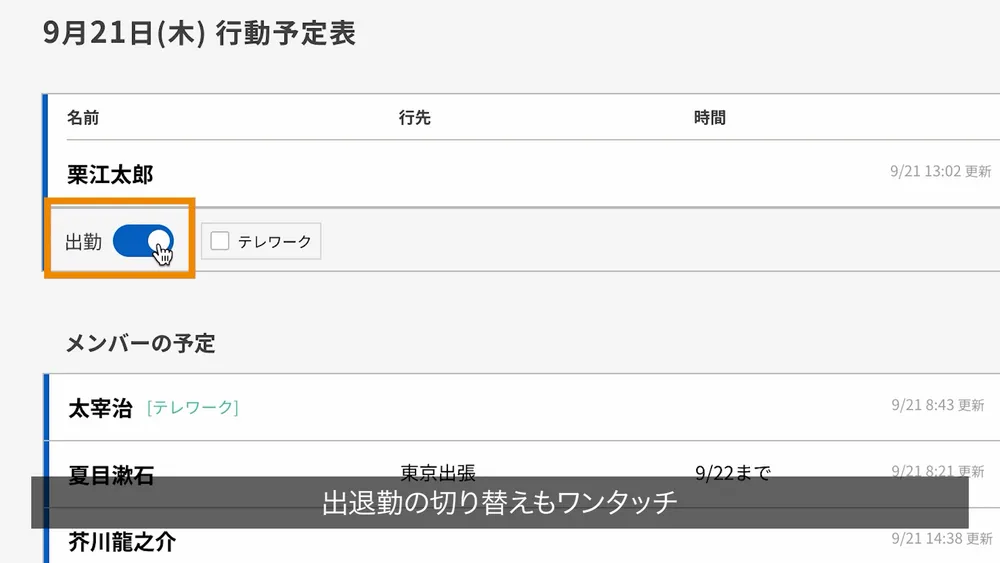 情報が一目瞭然！出勤の切り替えもワンタッチ