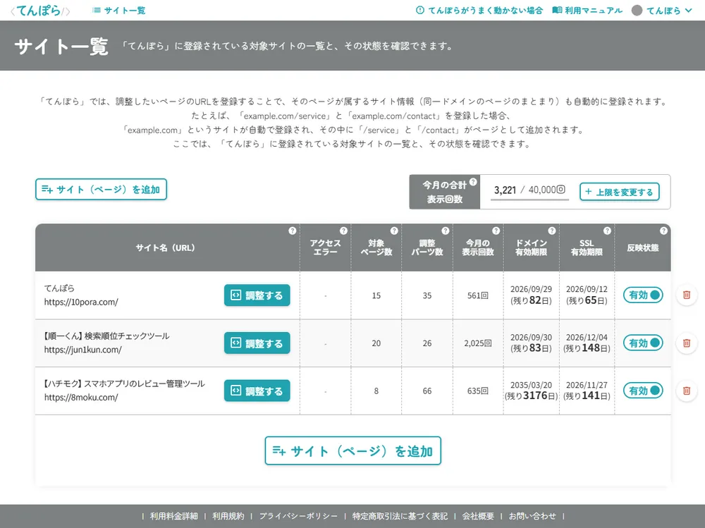 登録サイト一覧・状態確認画面