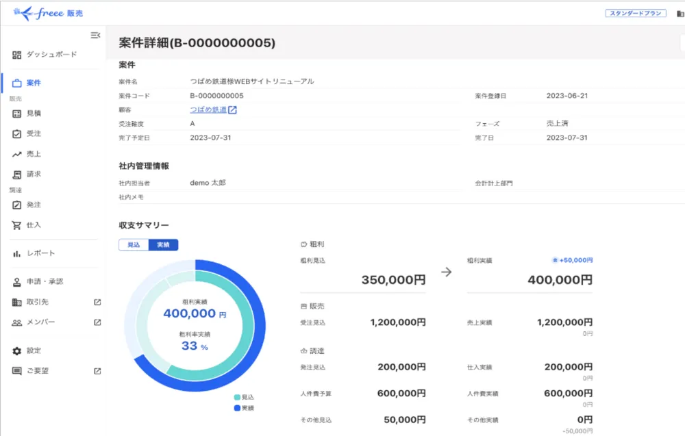 案件ごとの収支も自動集計で可視化