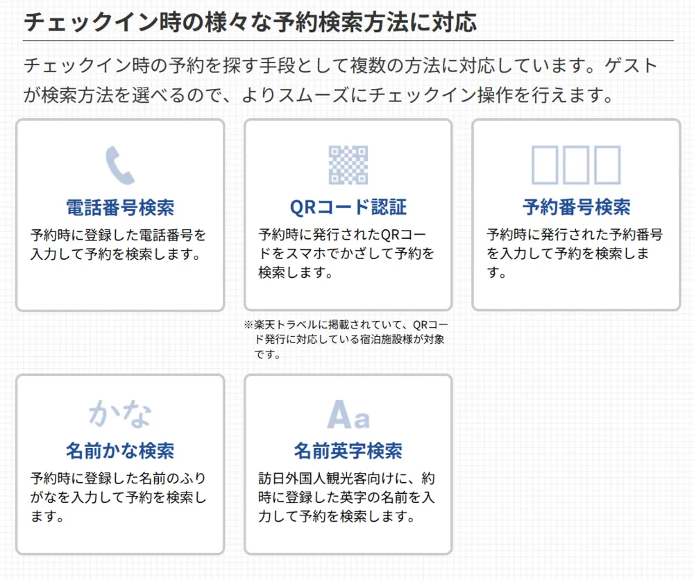 チェックイン時の様々な予約検索方法に対応