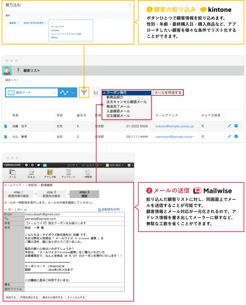 kintoneと連携すれば、顧客リストから直接メールを送信可能