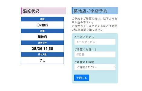 混雑状況をリアルタイムで 各店舗のWebサイトに表示、 予約リクエスト