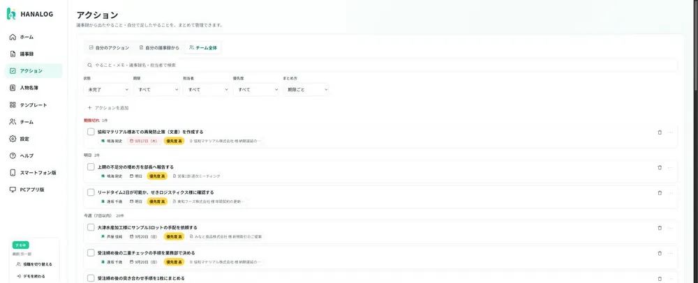 アクション一覧（担当者・期限）