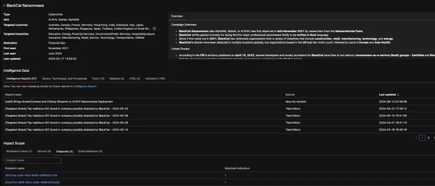 環境で検出されたランサムウェアの説明の例