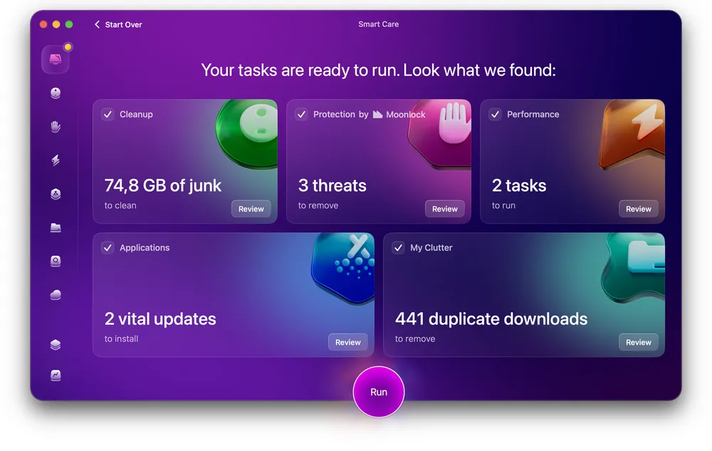 スマートケアは、Macを最適化するための動作で、1つで5つのタスクを実