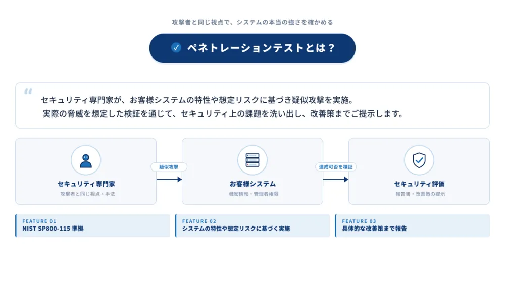 攻撃者視点でシステムを検証し、潜在的なリスクを可視化します。