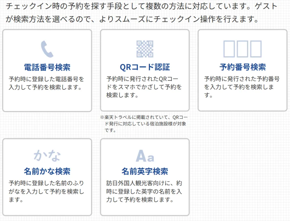 チェックイン時の様々な予約検索方法に対応
