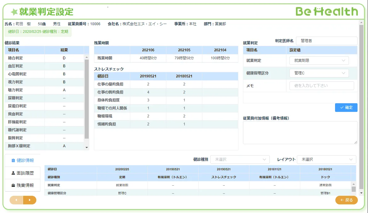 各種データがそろう就業判定画面