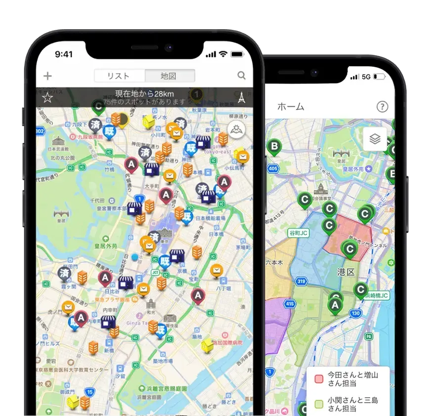 地図上に顧客やエリア表示