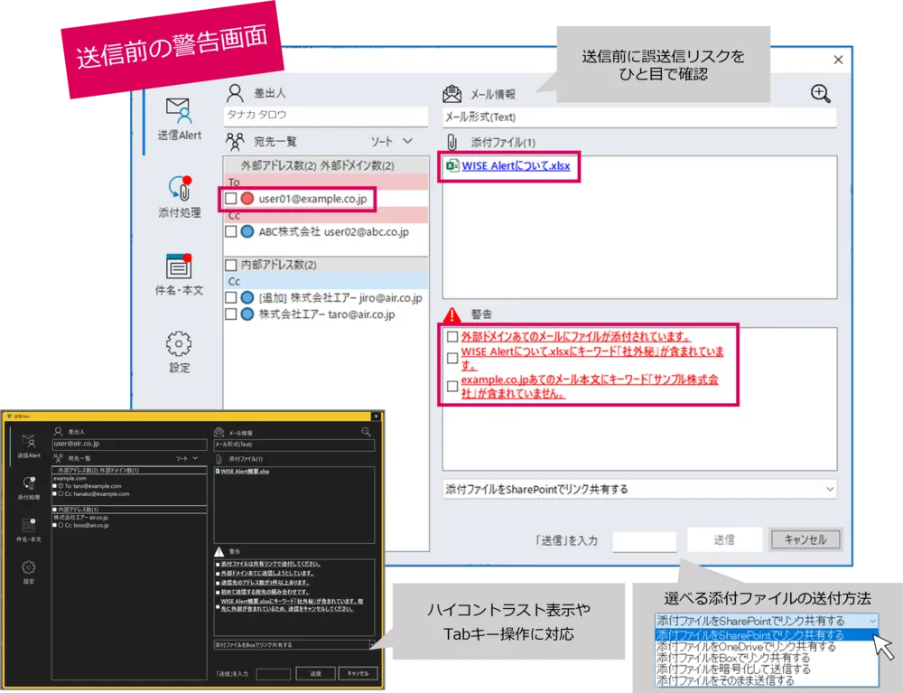 送信前のポップアップ表示で誤送信に気づきを与える