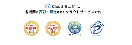 Cloud Staffは各機関に表彰・認定されたクラウドサービスです