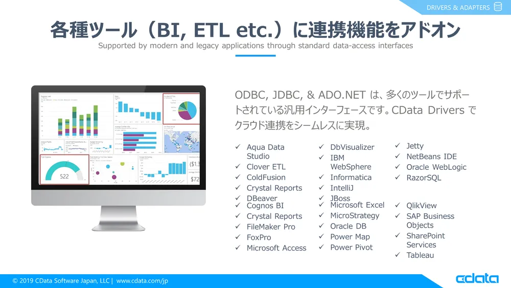多様なツール（BI、ETL、帳票）に連携機能をアドオン