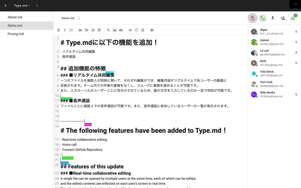 共同編集機能、音声通話機能利用時の様子