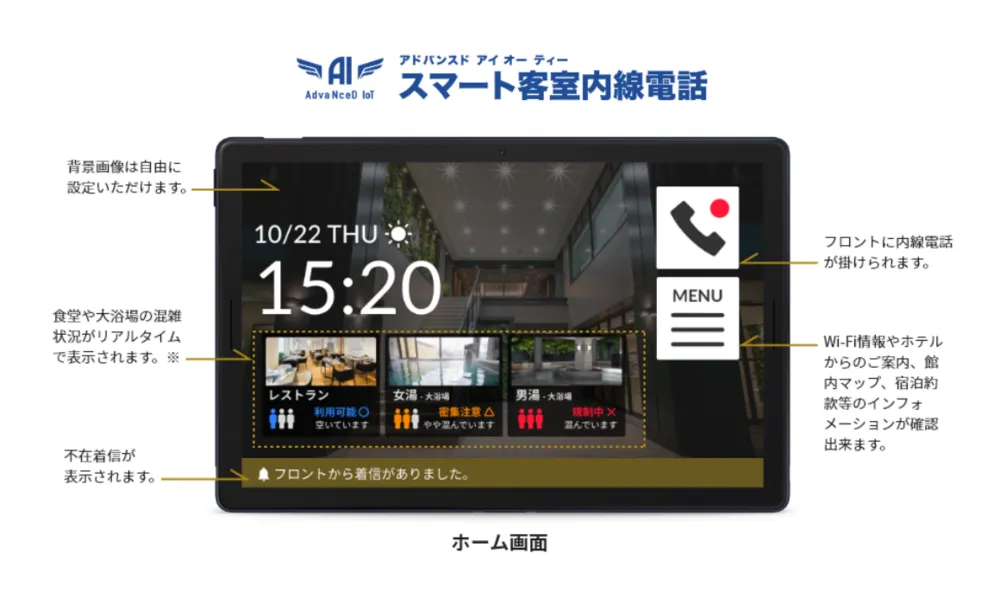スマート客室電話待ち受け画面（ルームタブレット）