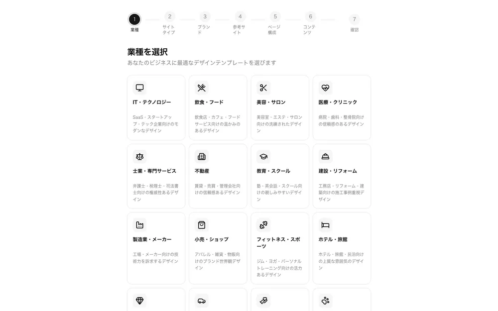 約5分の入力ウィザード（業種選択画面）