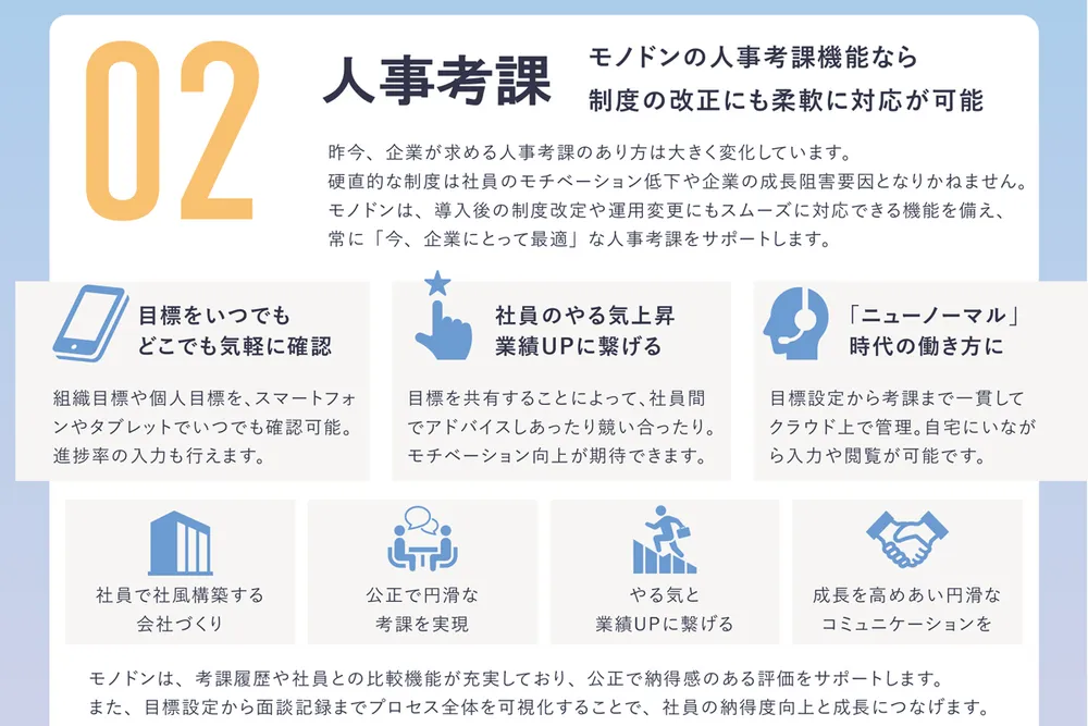 モノドンはサービス開始から10年超の老舗の人事考課システムです