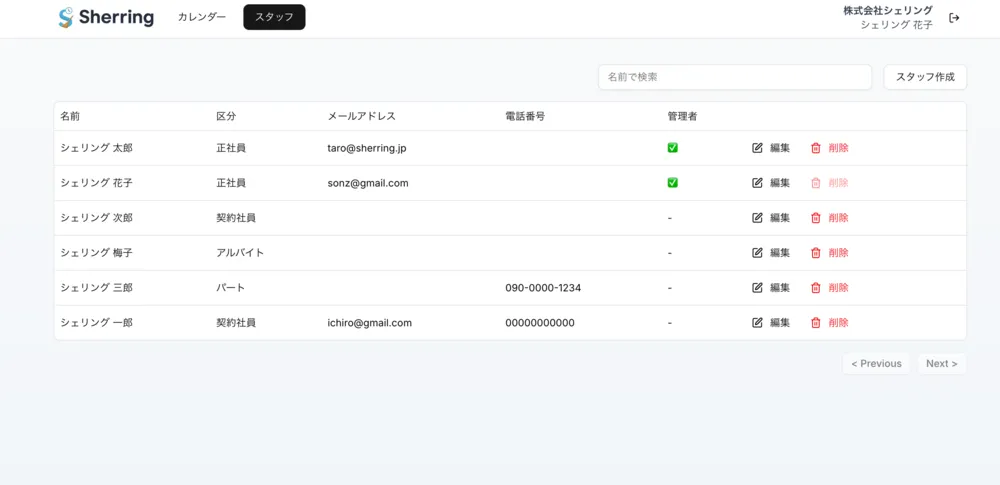 スタッフ管理画面