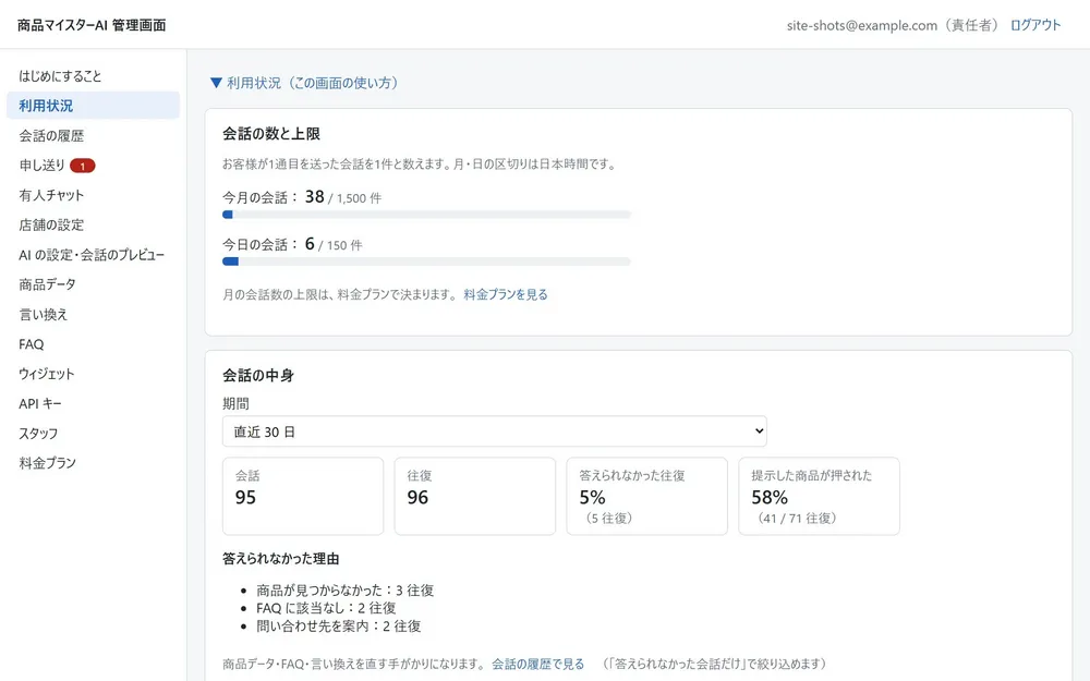 会話の数や、答えられなかった理由を一覧で
