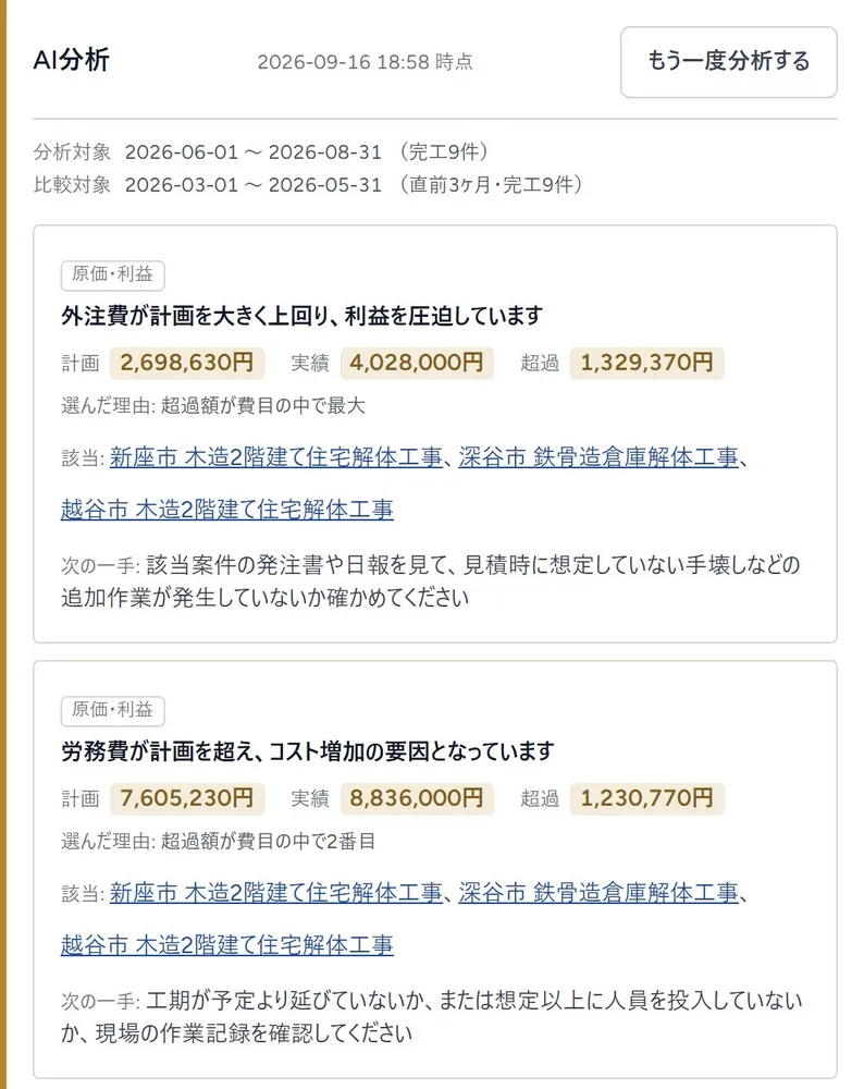 AI分析（原価の変化と確認ポイント）