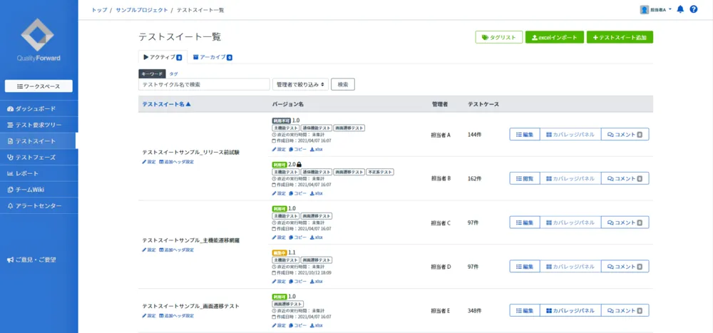 テストスイート一覧をまとめて表示。