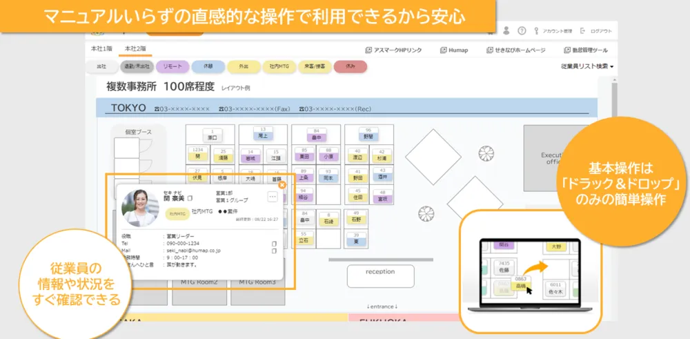 誰が、どこで、何をしているかひと目でわかる座席管理機能