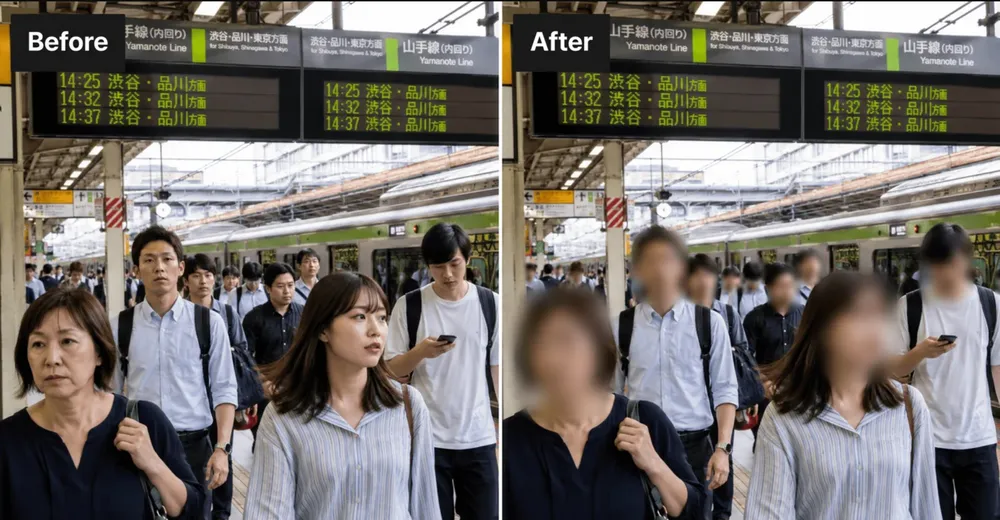 駅構内映像の処理前後ビフォーアフター
